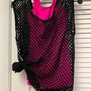 Hot pink halter top with Fishnet overlay